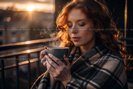 A red-haired, beautiful woman wrapped in a plaid with a mug of hot coffee on a beautiful patio in the rays of the setting sun. The girl inhales the aroma of the drink. Comfort and harmony. Стоковое AI-изображение, AI-художник Photojuli / Фотобанк Лори