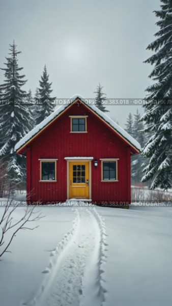 A red wooden house in a snowy landscape, standing on a snowy plain surrounded by trees, soft diffused light, frontal view. Стоковое AI-видео, аниматор Sergey Grishin / Фотобанк Лори