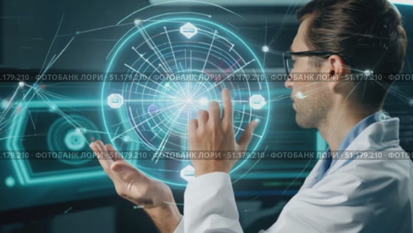A researcher engages with a holographic interface, interacting with floating data points in a modern lab setting. Стоковое AI-видео, аниматор Данила Большаков / Фотобанк Лори