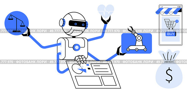A robot with multiple arms interacting with various objects such as scales, heart, robotics, and a shopping cart. Ideal for technology, automation, artificial intelligence, e-commerce, and robotics. Multifunctional Robot Handling Tasks in Various Fields Including Shopping and Law. Стоковая иллюстрация, агентство Ingram Publishing / Фотобанк Лори