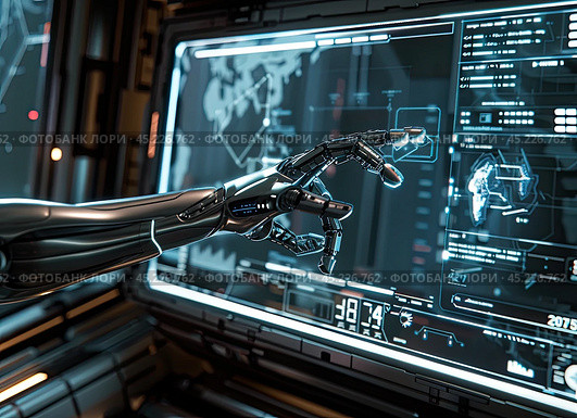 A robotic arm connecting to an artificial intelligence interface in a futuristic design integrating communication technologies. Стоковое AI-изображение, AI-художник Ярославский Максим / Фотобанк Лори