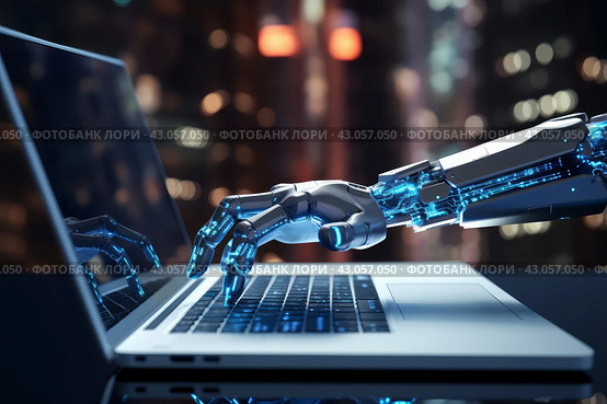 A robotic hand is typing on a laptop. Artificial intelligence concept. Future of Technology. Стоковое AI-изображение, AI-художник Виктория Тельминова / Фотобанк Лори