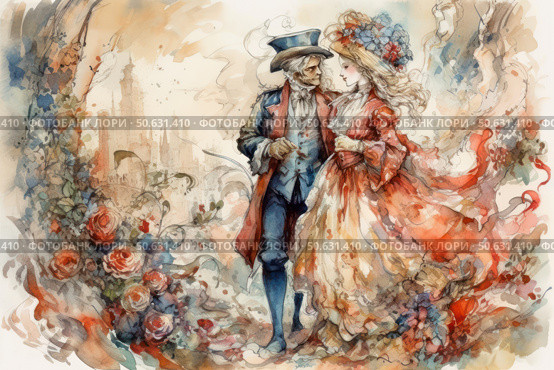 A romantic watercolor illustration of an elegant couple in 18th century attire walking against a backdrop of a fairytale castle and blooming roses. The man in a top hat and frock coat tenderly holds the hand of a woman in a lush dress with a flower arrangement in her hair. The painting is filled with movement, warmth and a sophisticated atmosphere of antiquity. The color scheme is soft pastel shades with a predominance of pink, blue and cream tones. Ideal for themes of romance, retro, fairy tales, fashion history, book illustrations and wedding projects. Стоковое AI-изображение, AI-художник Анна Кривицкая / Фотобанк Лори