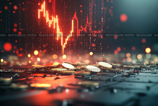 A scene capturing a pile of glossy gold coins and a plummeting stock chart. The red downward trends and metallic grid background convey a financial crisis with urgency and depth. Стоковое AI-изображение, AI-художник Nart / Фотобанк Лори