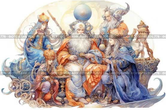 A scene full of magic and grandeur. The central place is occupied by a wise old man sitting on a throne, surrounded by other figures. He is dressed in a rich orange robe, and his long white beard gives the image majesty. Around him are various characters, each of which has its own unique elements: one figure holds something symbolic in his hands, another has a crown on his head, and in general the whole composition looks like a gathering of magical creatures, rulers or magi. Their clothes are exquisite, and their poses and facial expressions show respect and the importance of the moment. All this is surrounded by fantastic elements and soft watercolor shades, which gives the plot an atmosphere of magic and antiquity. Стоковое AI-изображение, AI-художник Анна Кривицкая / Фотобанк Лори