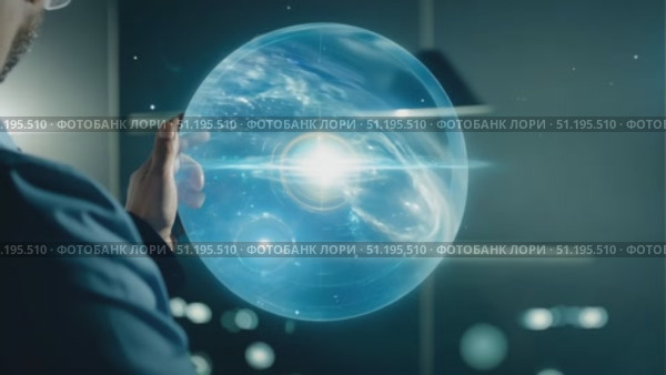 A scientist examines a captivating holographic projection of cosmic phenomena in a modern laboratory environment, showcasing cutting-edge research. Стоковое AI-видео, аниматор Данила Большаков / Фотобанк Лори