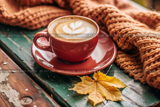 A seasonal drink. Delicious hot cappuccino in a mug with a saucer and a knitted snood, a scarf on a wooden table in the interior of the cafe. It's a rainy autumn day. Стоковое AI-изображение, AI-художник Photojuli / Фотобанк Лори