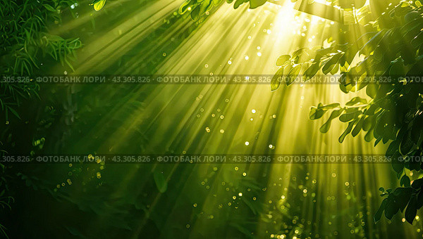 A serene Forest with Sunlight Shining through the Dense crowns of Trees. A magical natural picture. Стоковое AI-изображение, AI-художник Ярославский Максим / Фотобанк Лори