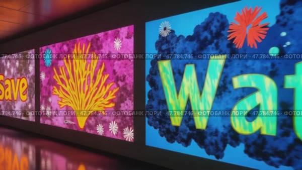 A series of colorful signs that say "Save Water." Стоковое AI-видео, аниматор Виктория Кольцова / Фотобанк Лори