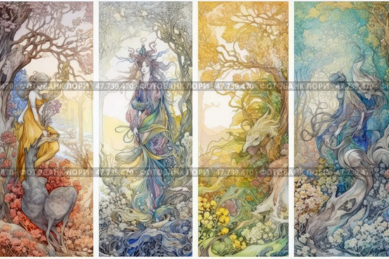 A series of fantasy-style watercolor illustrations that represent the seasons through feminine figures and mythical creatures surrounded by natural elements. Each of the four vertical scenes is filled with symbols of spring, summer, autumn and winter - flowers, trees, animals and changing light. The illustrations are done in a soft pastel palette with great attention to detail. Ideal for book design, art calendars, interior decor and themes of nature, fairy tales, magic. Стоковое AI-изображение, AI-художник Анна Кривицкая / Фотобанк Лори