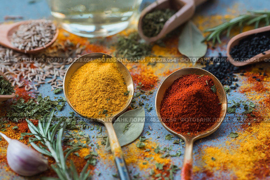 A set of fragrant spices. Turmeric, paprika, dried parsley, dill, rosemary, cumin, garlic, bay leaf and a bottle of oil on a gray background. Free space. Стоковое фото, фотограф Photojuli / Фотобанк Лори