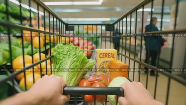 A shopping cart filled with fresh vegetables and cereal in a grocery store aisle. Colorful produce is displayed in the background. Стоковое AI-видео, аниматор Nart / Фотобанк Лори