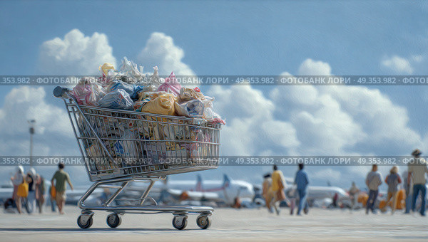 A shopping cart is filled with trash and is on the ground. Стоковое AI-изображение, AI-художник Ярославский Максим / Фотобанк Лори