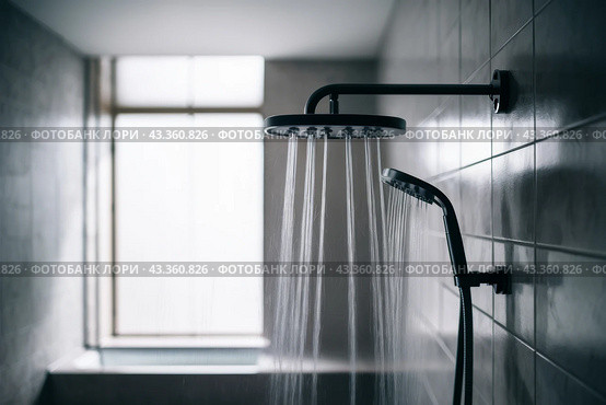 A shower head with water flowing from it in a bathroom, AI. Стоковое AI-изображение, AI-художник Сергей Старуш / Фотобанк Лори