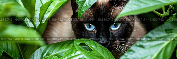 A Siamese cat with striking blue eyes concealing itself within a lush green plant, blending in with its surroundings. Стоковое AI-изображение, AI-художник Данила Большаков / Фотобанк Лори