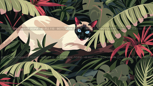 A Siamese cat with striking blue eyes peeks out from behind vibrant green and pink tropical foliage. Стоковое AI-изображение, AI-художник Данила Большаков / Фотобанк Лори