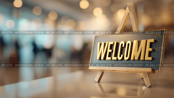 A sign that says "Welcome" is on a wooden stand. Стоковое AI-изображение, AI-художник Ярославский Максим / Фотобанк Лори