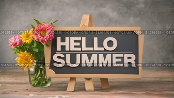 A sign with the words hello summer placed next to a colorful vase of flowers, showcasing the vibrant colors and cheerful spirit of the season. Стоковое AI-видео, аниматор Данила Большаков / Фотобанк Лори
