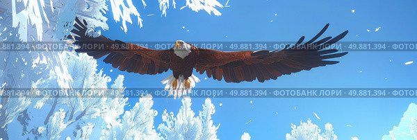 A significant bird soars through a vibrant blue sky, showcasing its impressive wingspan in flight. Стоковое AI-изображение, AI-художник Данила Большаков / Фотобанк Лори
