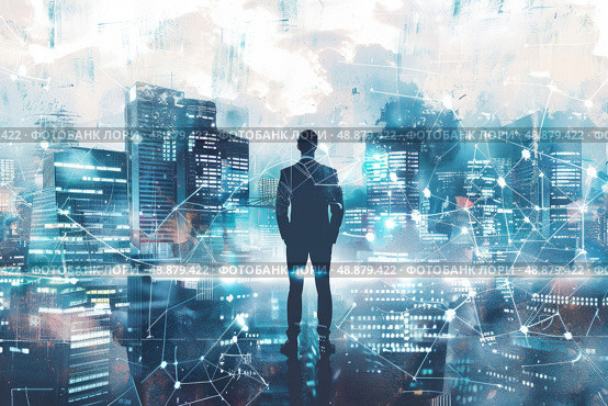 A silhouette of a businessman standing in front of a modern cityscape with network connections. The image represents the interconnectedness of business and technology in a globalized world. Стоковое AI-изображение, AI-художник Данила Большаков / Фотобанк Лори