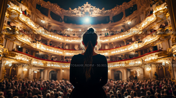 A silhouetted performer stands on the magnificent stage of a grand opera house, facing a packed audience under a brilliant spotlight, ready for a captivating show, perfect for a concert poster. Стоковое AI-изображение, AI-художник Данила Большаков / Фотобанк Лори