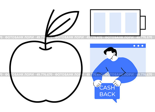 A simple apple outline, a charging battery icon, and a person holding a cashback sign. Ideal for health, technology, finance, eco-friendliness, sustainable living. Clean, minimal, modern. Balance Between Health and Technology with Focus on Financial Rewards and Sustainability. Стоковая иллюстрация, агентство Ingram Publishing / Фотобанк Лори