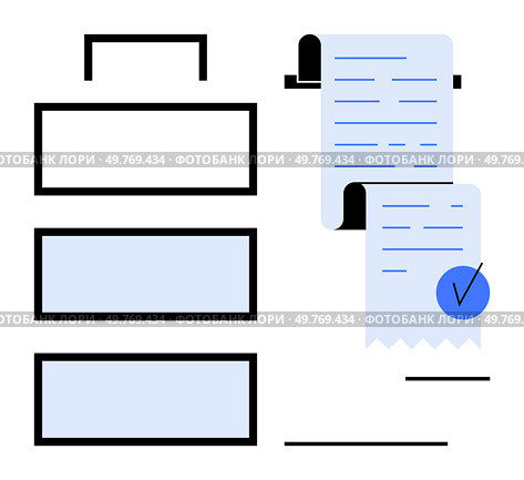 A simple, modern design featuring a filing cabinet with three drawers and two documents with a blue checkmark on a clipboard. Ideal for themes of office work, document management, organization, task. Modern Office Organization with Documents and Checklist. Стоковая иллюстрация, агентство Ingram Publishing / Фотобанк Лори