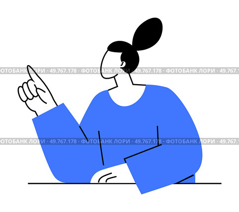 A simplistic vector drawing of a woman in a blue sweater pointing upwards, implying an idea or suggestion. Ideal for business, education, presentations, creativity, marketing.. Woman with Blue Sweater Pointing Upwards, Suggesting an Idea or Concept. Стоковая иллюстрация, агентство Ingram Publishing / Фотобанк Лори