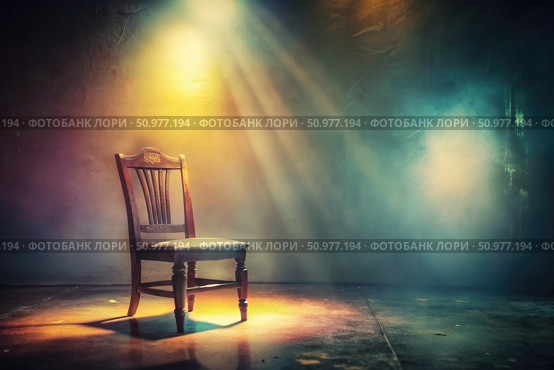 A Single Chair Under A Spotlight in A Nostalgic Brutality Setting. Generative AI. Стоковое AI-изображение, AI-художник Roman Zavorotny / Фотобанк Лори