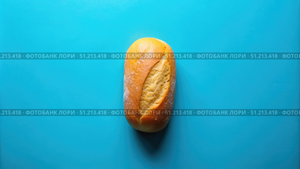A Single Loaf of Bread on a Blue Background. Generative AI. Стоковое AI-изображение, AI-художник Roman Zavorotny / Фотобанк Лори
