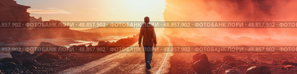A single person walks along a path towards a breathtaking sunset in a rugged Icelandic landscape. Стоковое AI-изображение, AI-художник Данила Большаков / Фотобанк Лори