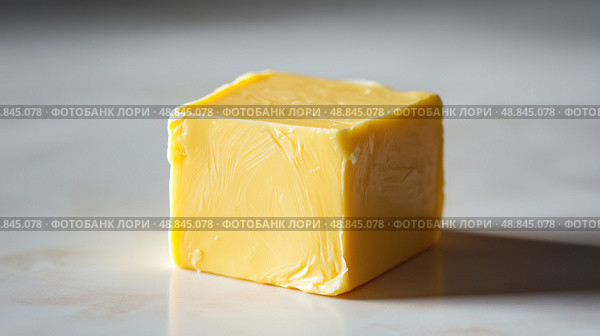 A single, smooth cube of golden homemade butter, placed on a white background. Один ровный кубик золотистого домашнего сливочного масла на белом фоне. Стоковое AI-изображение, AI-художник Katsiaryna Repich / Фотобанк Лори