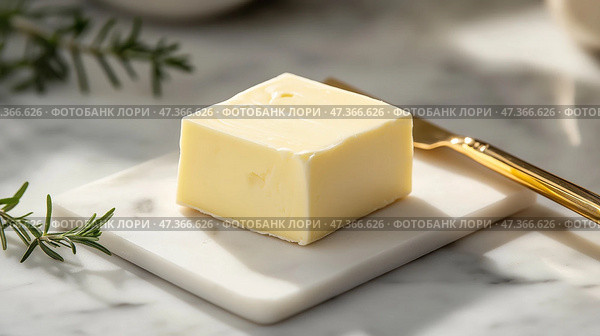 A single, smooth cube of pale yellow butter on a matte white marble slab. Ровный кубик бледно-желтого сливочного масла на матово-белой мраморной плите. Стоковое AI-изображение, AI-художник Katsiaryna Repich / Фотобанк Лори