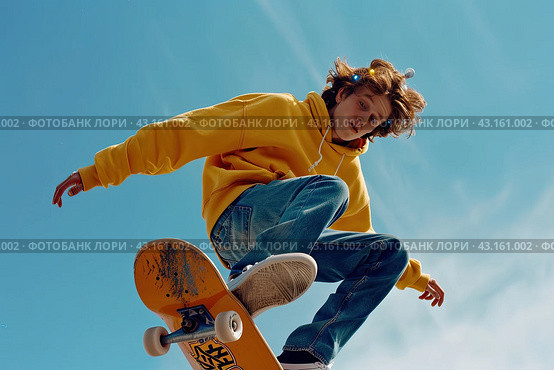 A skater makes a leap in the air against a blue sky background. Copy space. Стоковое AI-изображение, AI-художник Ярославский Максим / Фотобанк Лори
