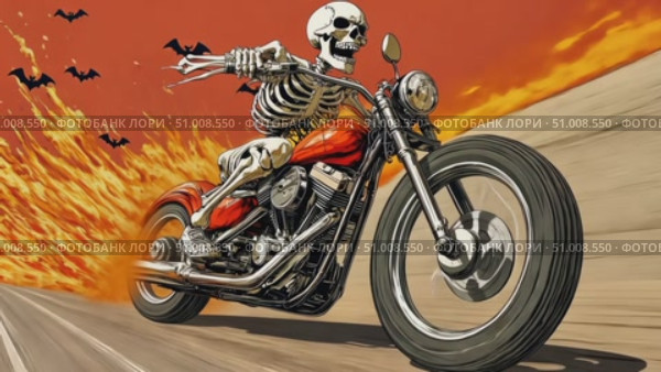 A skeleton speeds along a winding road on a motorcycle, surrounded by orange flames and bats flying in the dusky sky. Стоковое AI-видео, аниматор Данила Большаков / Фотобанк Лори