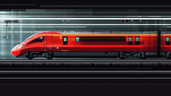 A sleek red train accelerates through a contemporary station filled with commuters during peak afternoon hours. Стоковое AI-изображение, AI-художник Данила Большаков / Фотобанк Лори
