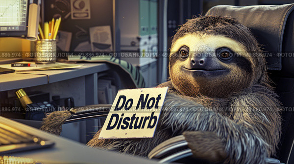 A slotty is holding a sign that says Do Not Disturb in a clear and stern manner. Стоковое AI-изображение, AI-художник Данила Большаков / Фотобанк Лори