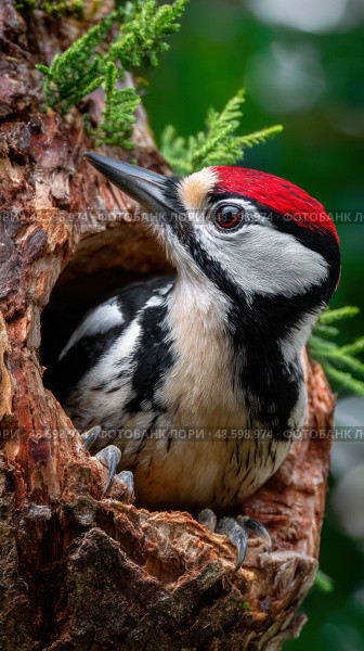 A small bird is sitting in a nest made of wood. Стоковое AI-изображение, AI-художник Ярославский Максим / Фотобанк Лори
