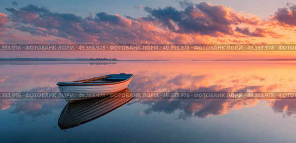 A small boat is floating on a calm lake at sunset. Стоковое AI-изображение, AI-художник Ярославский Максим / Фотобанк Лори