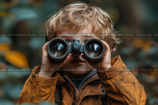 A small boy with light brown curly hair, dressed in a warm autumn jacket of ochre color. He looks attentively through binoculars, holding them with both hands. The background is blurred, but the outlines of the forest are discernible - dense foliage, muted green and yellow-orange shades. The boy looks fascinated and a little surprised - as if he saw something interesting in the distance for the first time. Стоковое AI-изображение, AI-художник Анна Кривицкая / Фотобанк Лори