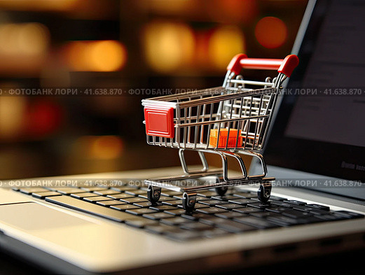 A small cart from the supermarket is on the laptop keyboard. Generated by AI. Стоковое AI-изображение, AI-художник Ярославский Максим / Фотобанк Лори