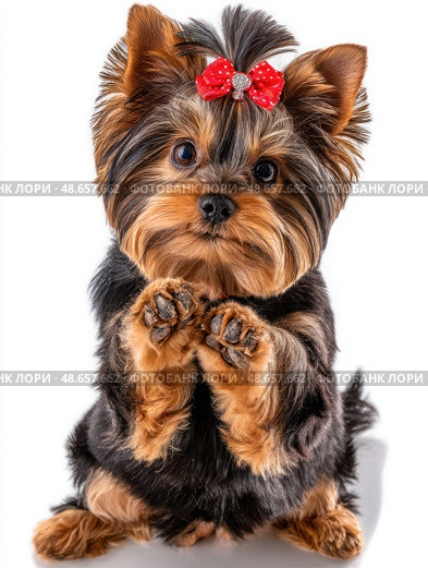 A small dog with a red bow on its head is sitting on a white background. Стоковое AI-изображение, AI-художник Ярославский Максим / Фотобанк Лори