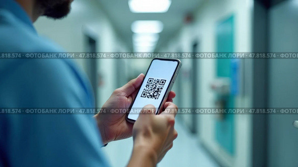 A smartphone in the hands of a man against the background of a medical corridor. Матричный QR код. Стоковое AI-изображение, AI-художник Терехова Марина / Фотобанк Лори
