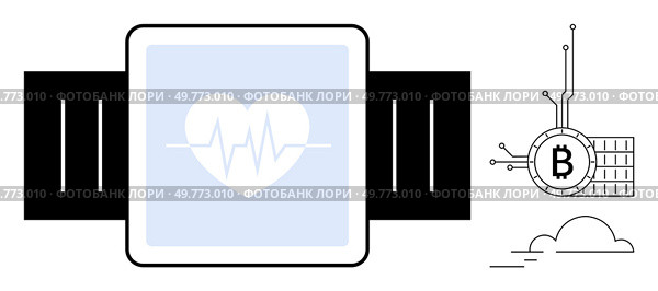 A smartwatch with a heart icon and heartbeat line on its display alongside a circuit-themed Bitcoin icon over a circuit background. Ideal for health apps fintech technology wearables and digital. Smartwatch with Heart Monitor and Blockchain Technology Elements in Minimal Design. Стоковая иллюстрация, агентство Ingram Publishing / Фотобанк Лори