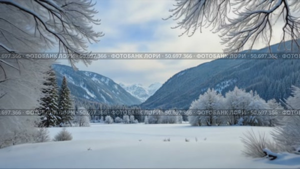 A snowy landscape with tree branches covered in snow, snowy mountains in the background, soft muted light, frontal view. Стоковое AI-видео, аниматор Sergey Grishin / Фотобанк Лори