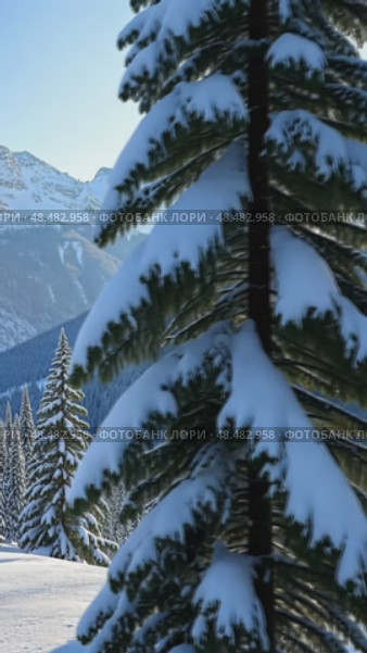 A snowy landscape with trees and mountains in the background, side view, cool lighting, winter color palette with whites and blues. Стоковое AI-видео, аниматор Sergey Grishin / Фотобанк Лори