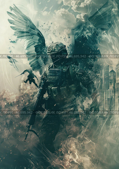 A soldier in tactical gear, armed with an assault rifle. His figure is surrounded by smoke, flashes and elements of destruction, which creates a sense of chaos and dynamism. Behind the soldier's back are giant wings, made in a fantastic style, which gives him the image of an angel of war or a protector. In the distance, the silhouette of a city can be seen, partially covered in smoke, and in the sky you can see a parachutist descending. The painting is done in a dark color scheme with green-gray and golden shades, creating a tense and dramatic atmosphere. Стоковое AI-изображение, AI-художник Анна Кривицкая / Фотобанк Лори