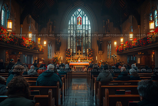 A solemn gathering in a beautifully decorated church during a serene afternoon ceremony. Стоковое AI-изображение, AI-художник Сергей Толмачёв / Фотобанк Лори