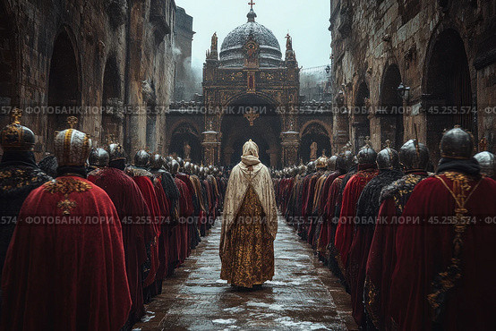 A solemn procession or ceremony in a historical setting. In the center of the frame, a man dressed in white and gold walks in front, surrounded by people in red cloaks and helmets. In the background, a majestic cathedral or temple is visible, decorated with architectural elements and symbols. The scene appears to take place in winter, as some snow is visible, adding a special solemnity and seriousness to the moment. The atmosphere of the image emphasizes the grandeur and significance of the event. Стоковое AI-изображение, AI-художник Анна Кривицкая / Фотобанк Лори