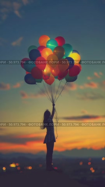 A solitary figure holding vibrant illuminated balloons against a breathtaking twilight sky. Стоковое AI-видео, аниматор Данила Большаков / Фотобанк Лори